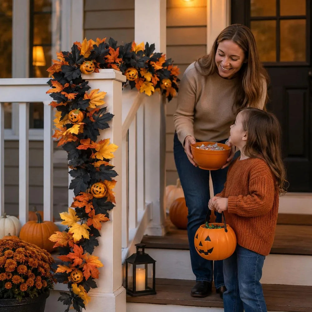 Artificial Maple Leaves Garland Autumn Vine with Fake Pumpkin Ornaments for Halloween Thanksgiving Fireplace Table Fall Decor Quake