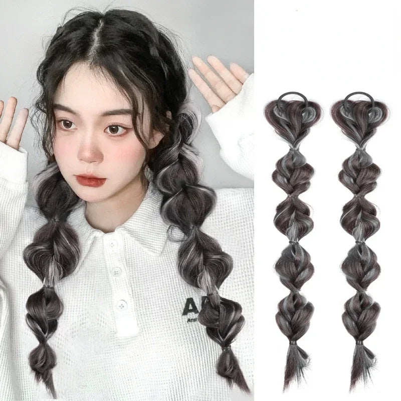 2 Pcs/set Synthetic Bubble Twist Ponytail High Elastic Wig Women Hair Side Natural Lantern Wig Braid Black Hous Tail Hairpiece Quake 2pcs white gray