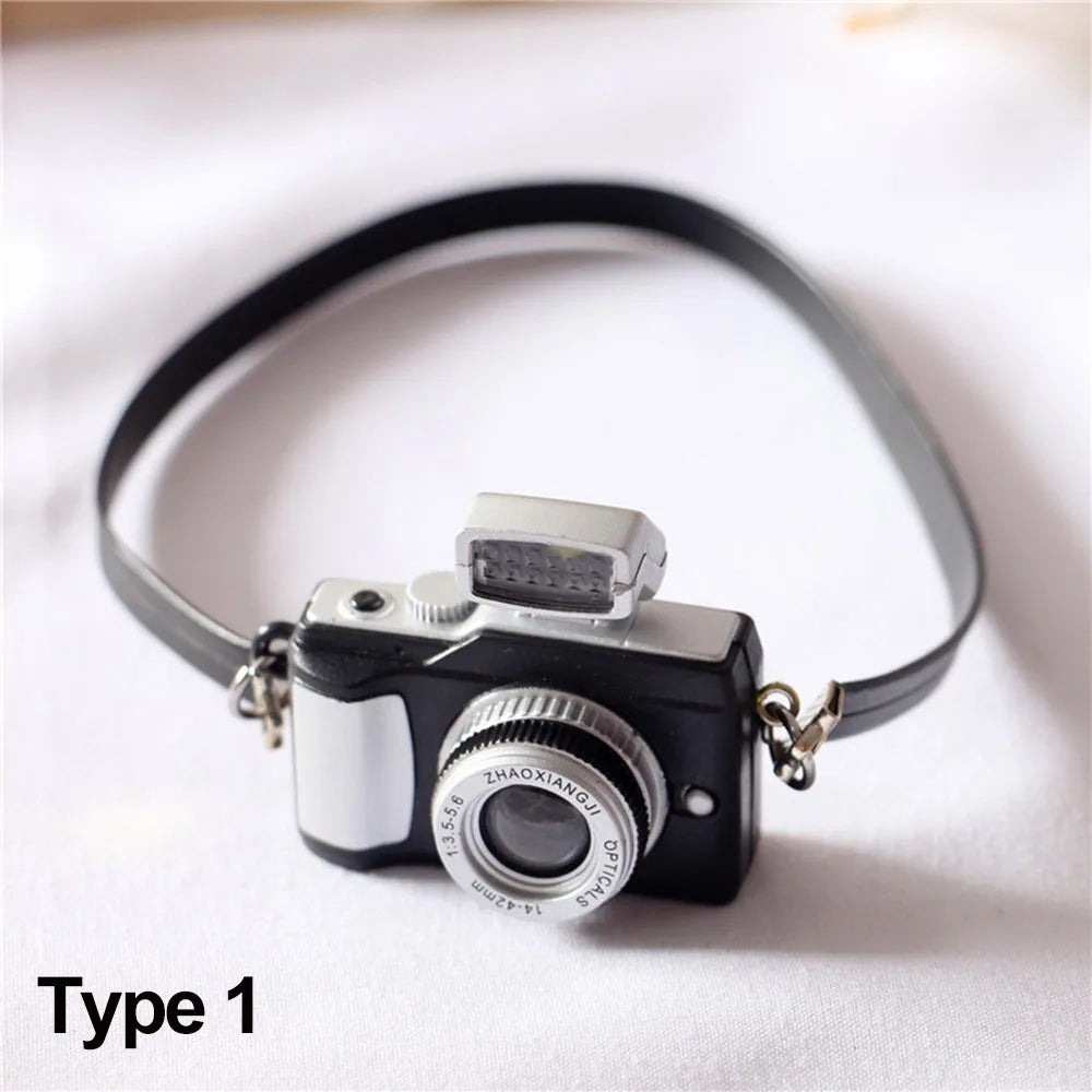 Fashion Mini SLR Dollhouse Accessories Digital Camera Model Miniature Dolls Camera With Black Belt Shutter And Flash Quake type 1