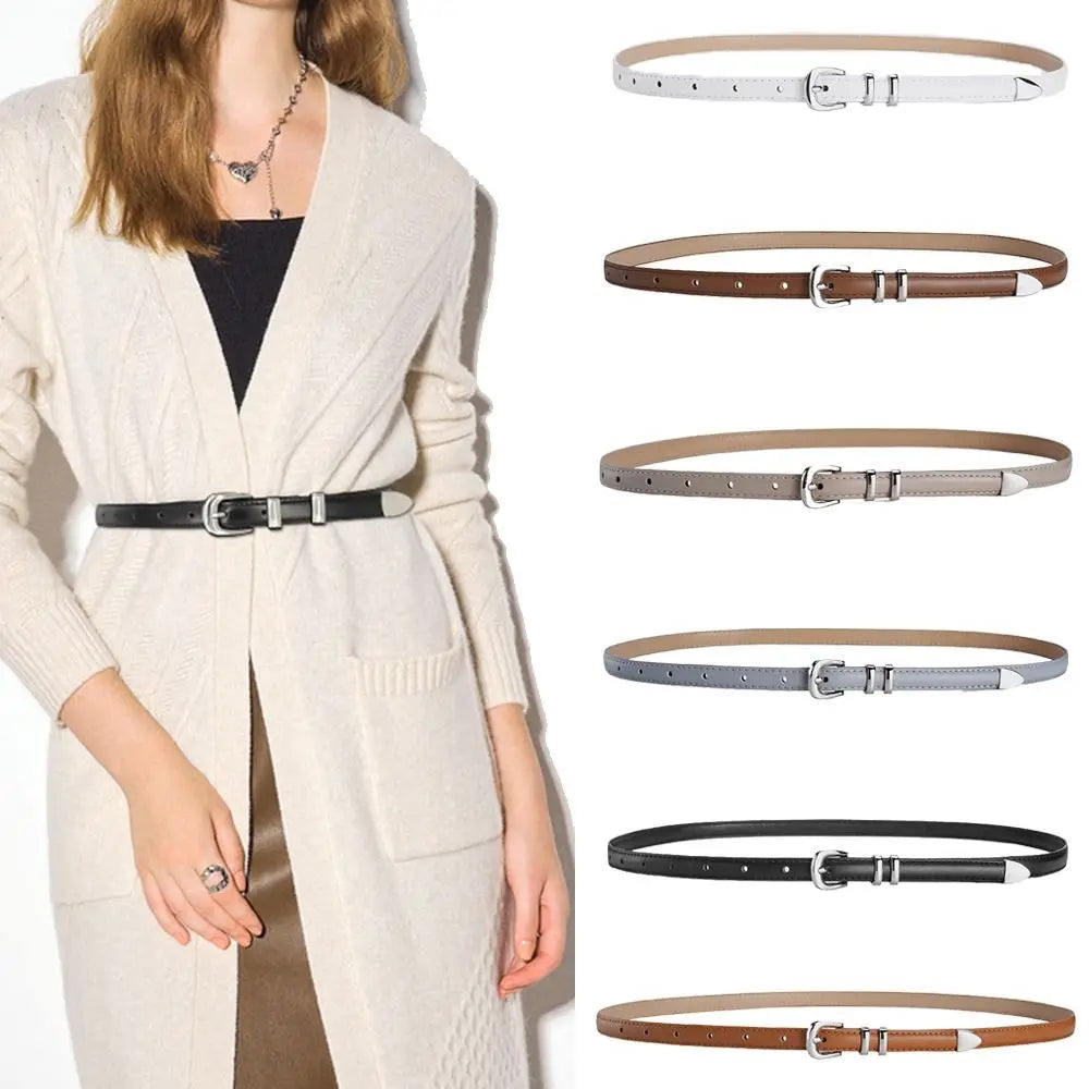 Trend Luxury Design PU Leather Belt Casual Retro Silver Pin Buckle Waistband Versatile Thin Belts Quake