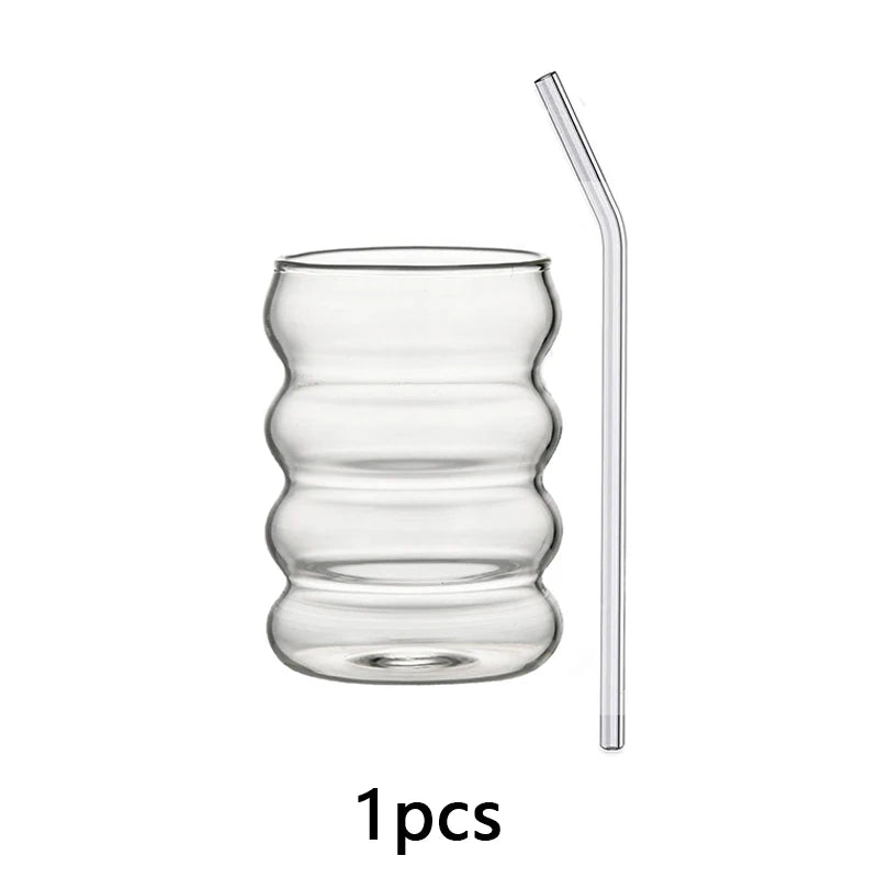 350/480ml Wave Design High Borosilicate Glass Tumbler with Straw Iced Coffee Cup Heat Resistant Tumbler for Cold Beverages Quake 1pcs 350ml 350-480ml