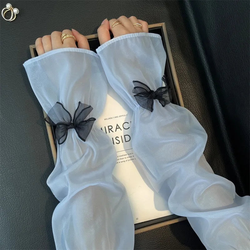 Elegant Sheer Arm Sleeves with Black Bow Decor Sweet Feminine Sun Protection Accessory for Dresses and Outfits Quake blue One Size