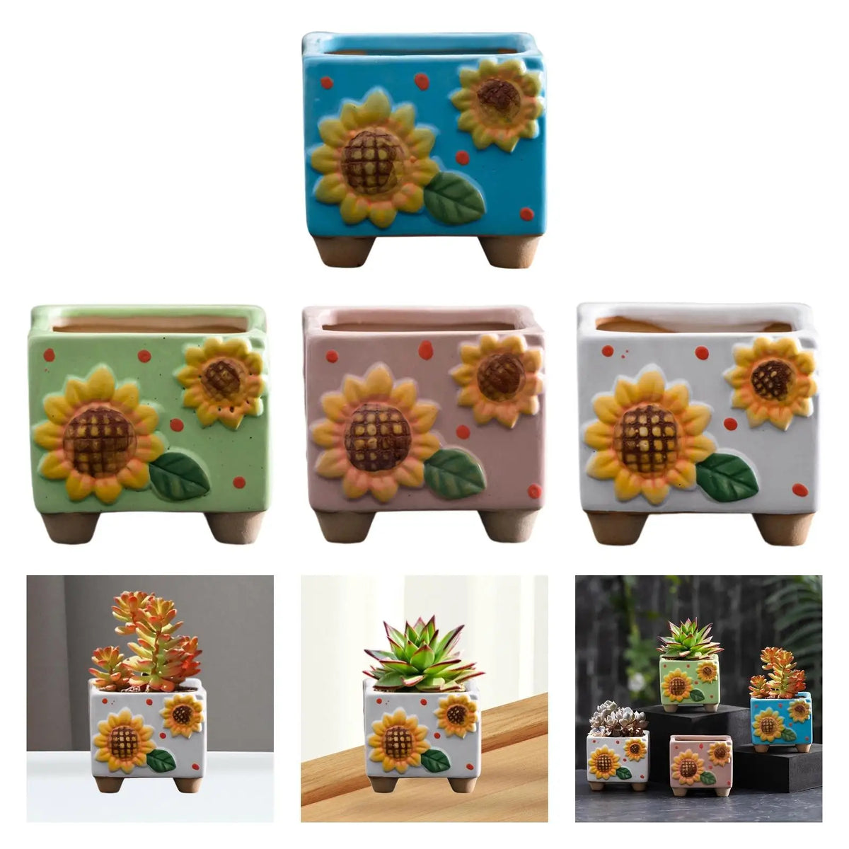 Ceramic Sunflower Planter Decorative Plant Pot Housewarming Gift Tabletop Ornament Small Square Flower Pot for Desk Shelf Quake