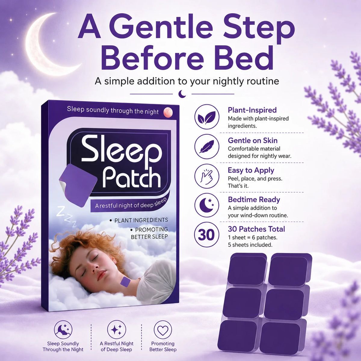 30PCS Sleep Patch Nighttime Wellness Patch Plant-Inspired Comfortable Night Patch for Bedtime Routine Travel Home Quake