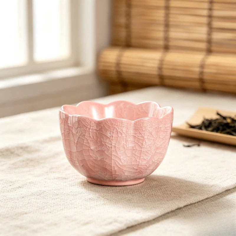 Multi-color Ice Crack Master Tea Cup Floral Rim Kung Fu Teacup Handmade Ceramic Tasting Cup for Tea Room and Entertainment Quake