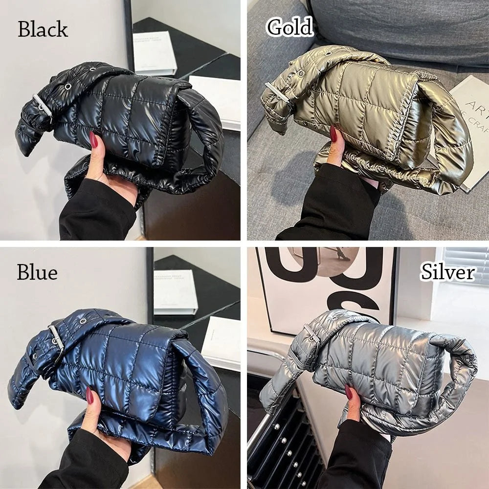 Fashion Quilted Tote Bag Winter Lightweight Warm Down Cotton Padded Plaid Shoulder Bags Women Underarm Bags Puffy Handbags Quake