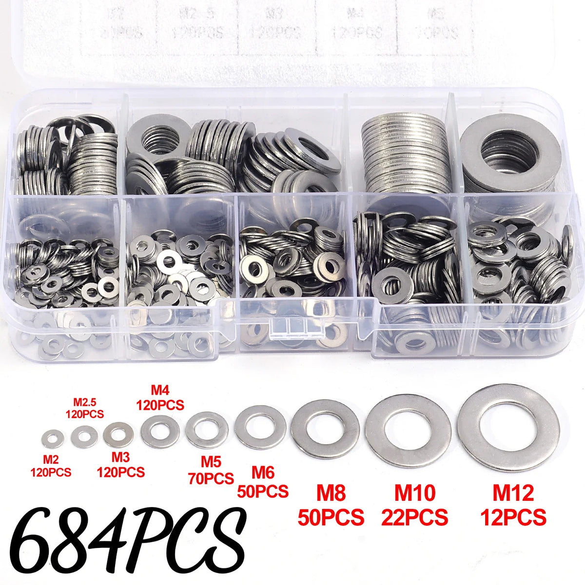 684/180PCS Stainless Steel Screw Washers Multi-function Plain Washer Gaskets Assortment Kit Sturdy Hardware Metal Washers M2-M12 Quake 684Pcs Box