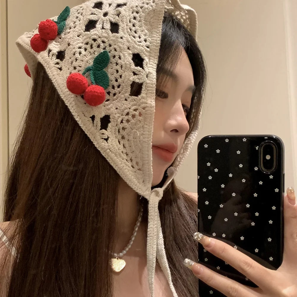 Knitted Triangle Headband Cute Little Cherry French Pastoral Style Headband Towel Handmade Crochet Headscarf Hat Girls Quake