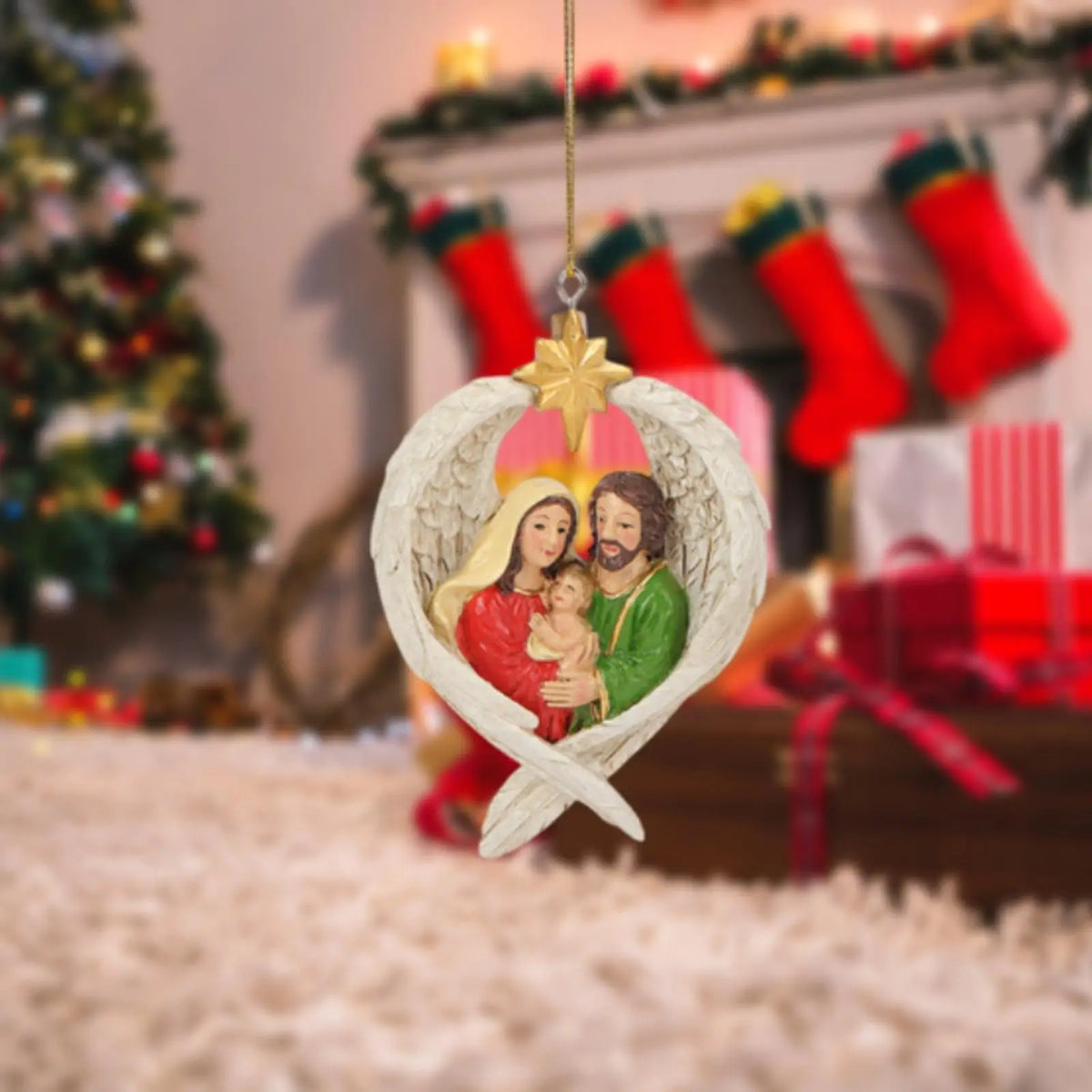 Xmas Hanging Decoration for Holiday Party Decor Accessories Holy Family with Angel Wing Figurine Birth of Jesus Resin Statue Quake White