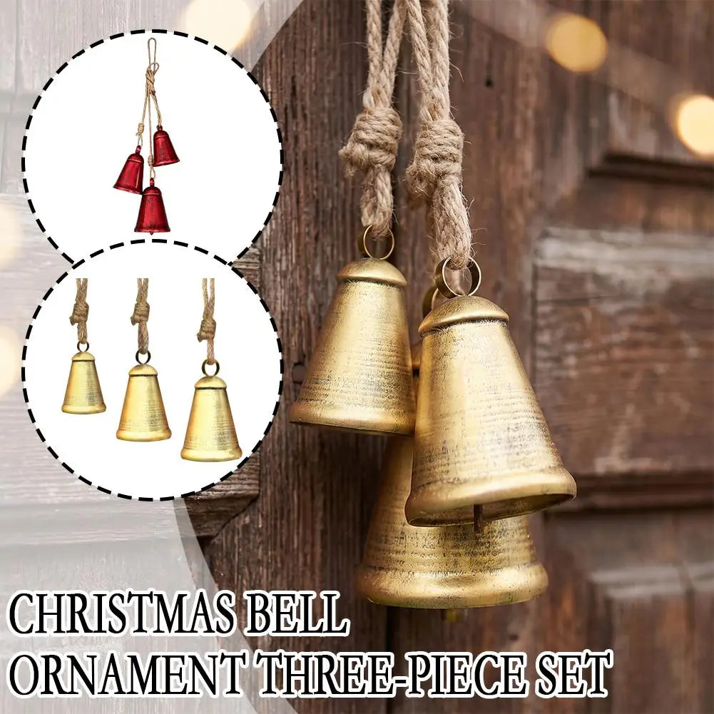Vintage Christmas Bell Set 3Pcs Rustic Metal Hanging Bells Jute Rope Pendant for Front Door Tree Fireplace Farmhouse Decor Quake