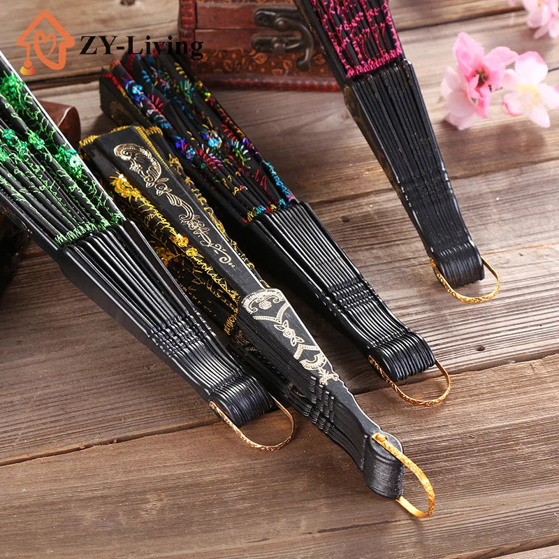 Folding Hand Fan Plastic Gold Powder Craft Fan White Wedding Party Chinese Style Dance Cloth Folding Fan Handheld Quake