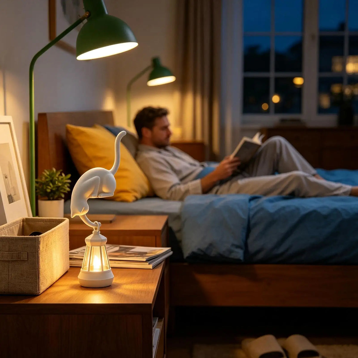 Library Lantern Cat 3D Printed Edge Sitting LED Battery Lights Shelf Reading Decor for Home Office School Study Room Readers Quake