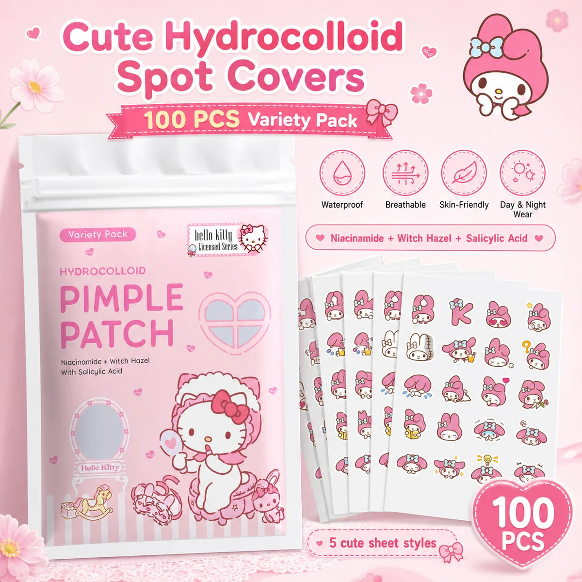 100PCS hello kitty Acne patches, facial acne patches, hydrogel acne removal patches, concealer Quake 100pcs