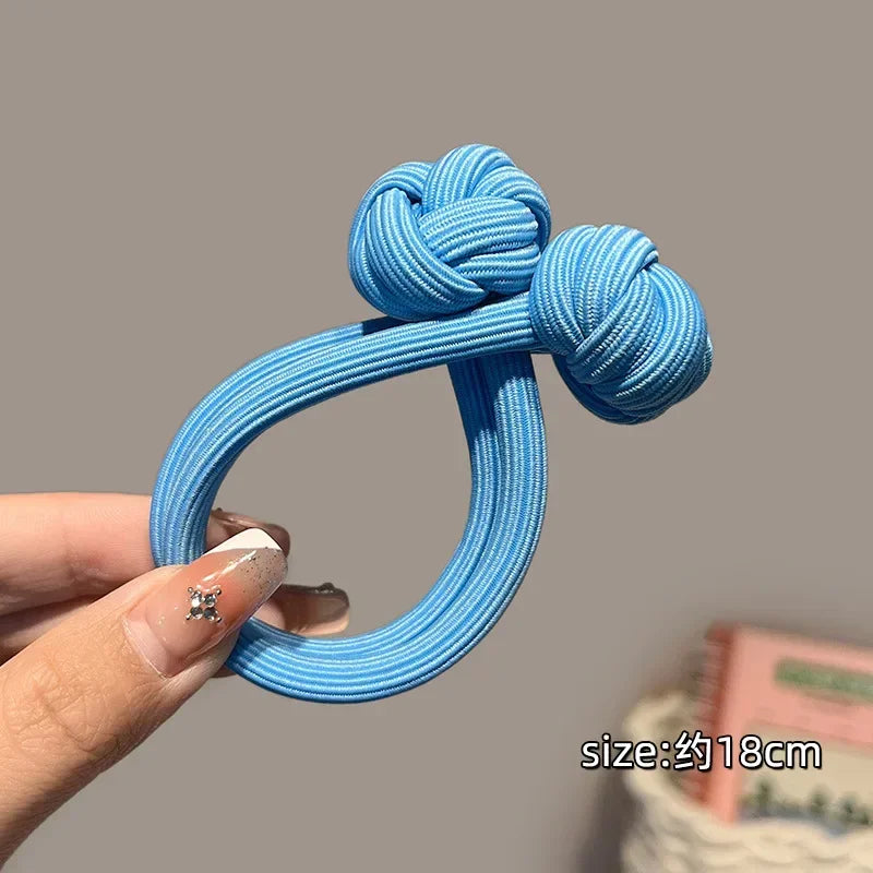 Elastic Double Knot Ponytail Holder Scrunchie Chinese Knot Knotted Hair Rope Ties Color Hairbands Headwear Accessory Headdress Quake blue