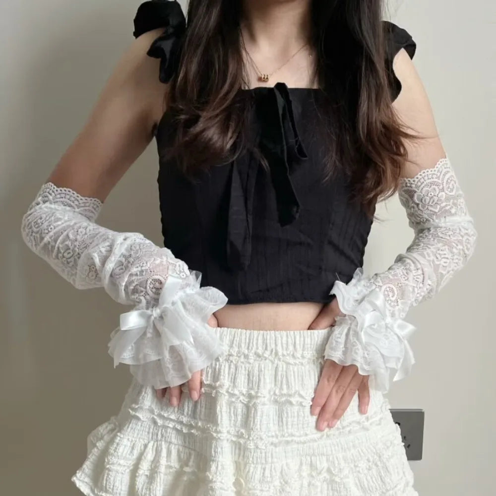 Sweet Lace Bowknot Womens Sleeve Y2K Hollow Out Bridal Wrist Gloves Sun Protection Lace Fingerless Gloves Quake