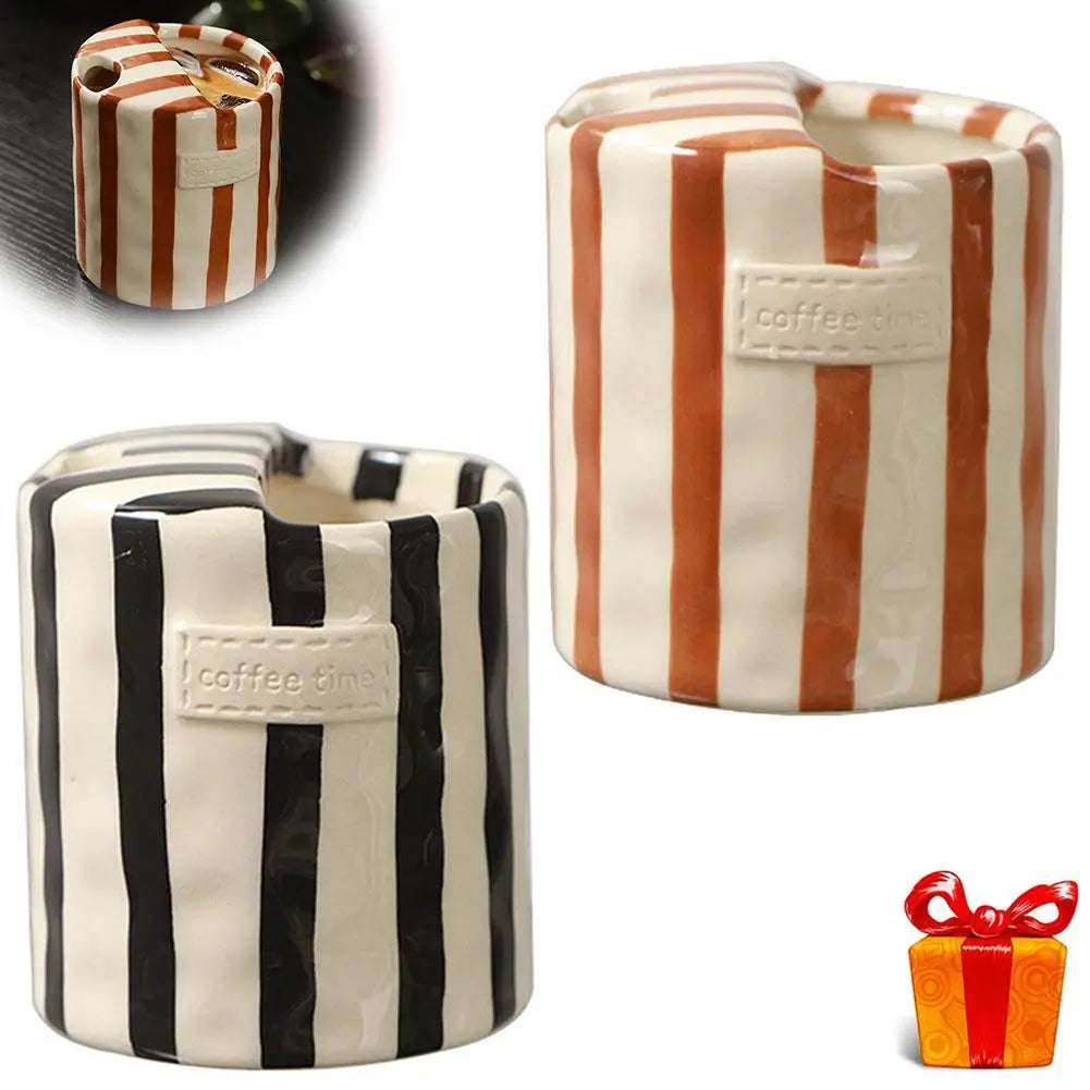 Vintage Stripe Hand Painted Ceramic Mug Creative Dual Compartment Coffee Cup for Office Afternoon Tea Breakfast Quake