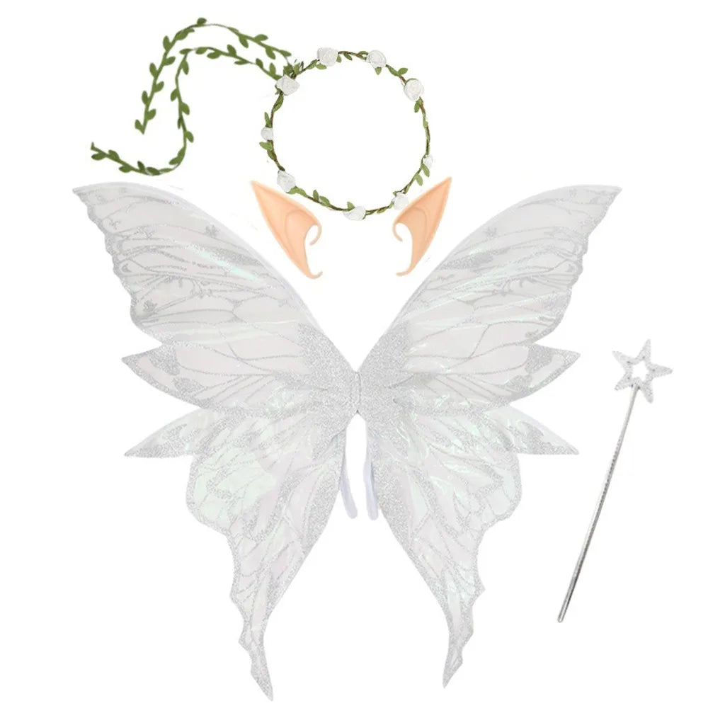 Flower Crown Fairy Costume Set Star Wand Gold Foil Fairy Butterfly Wings Dress-Up Elf Ears Sparkling Angel Wings for Kids Adults Quake White