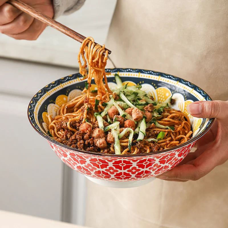 1/4-Piece Bohemian Ceramic Soup Bowl Set, 8-Inch Microwave & Dishwasher Safe, Ramen Pasta Salad Bowl Quake