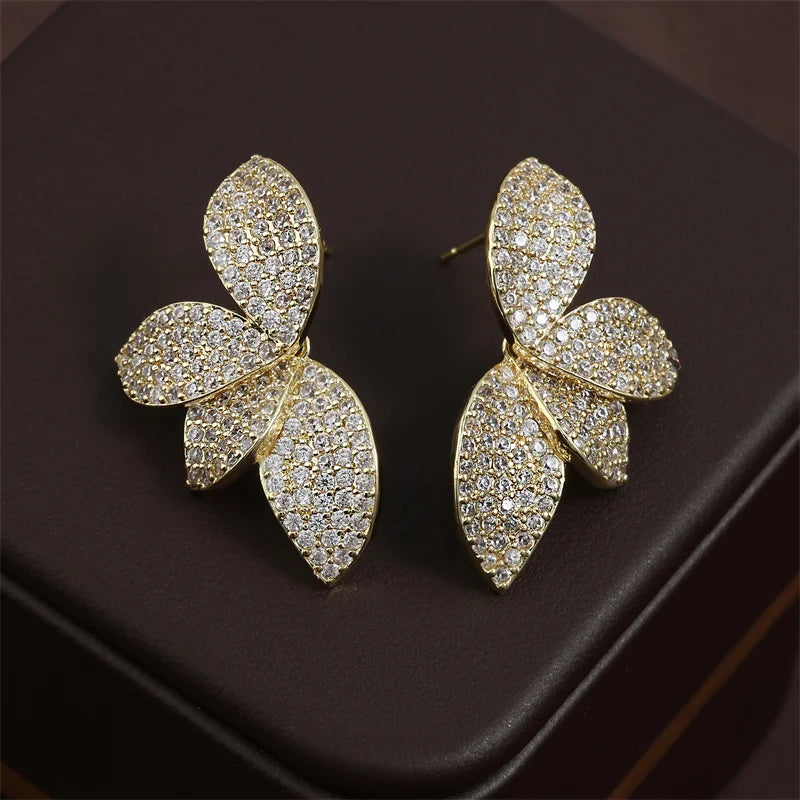 ZAKOL Luxury Full Shiny Micro Zircon Leaf Earrings&Necklace Set AAA CZ Symmetric Wedding Party Jewelry for Women Quake Gold Color Earring