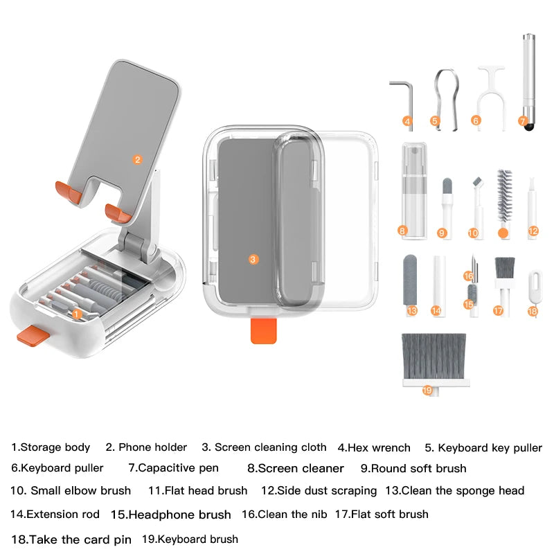 19 in 1 Electronics Cleaning Kit with Foldable Phone Holder Keyboard Cleaner Screen Cleaning Tool Set for Laptop/Camera/Tablet Quake