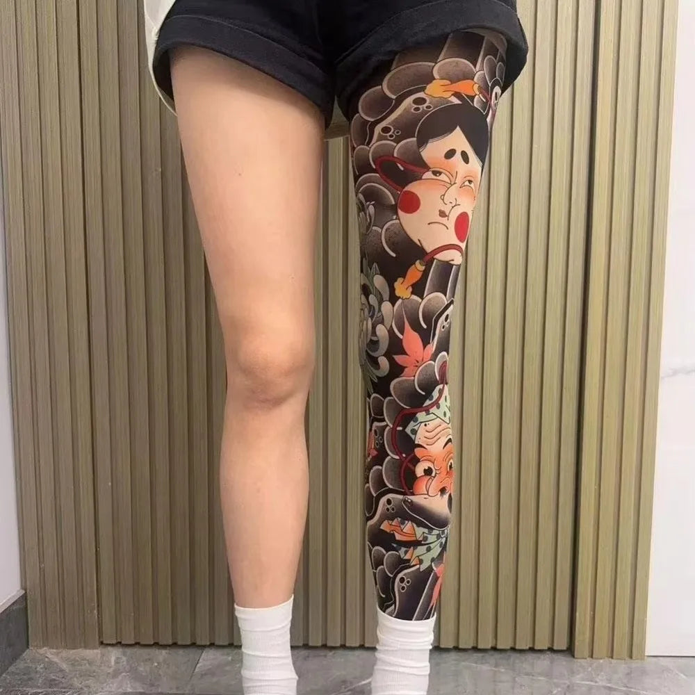 Full Leg Fake Tattoo Socks Printed Tights Cycling Fishing Elastic Socks Sun-proof Cool Personalized Driving Sexy Stockings Quake One Size 7