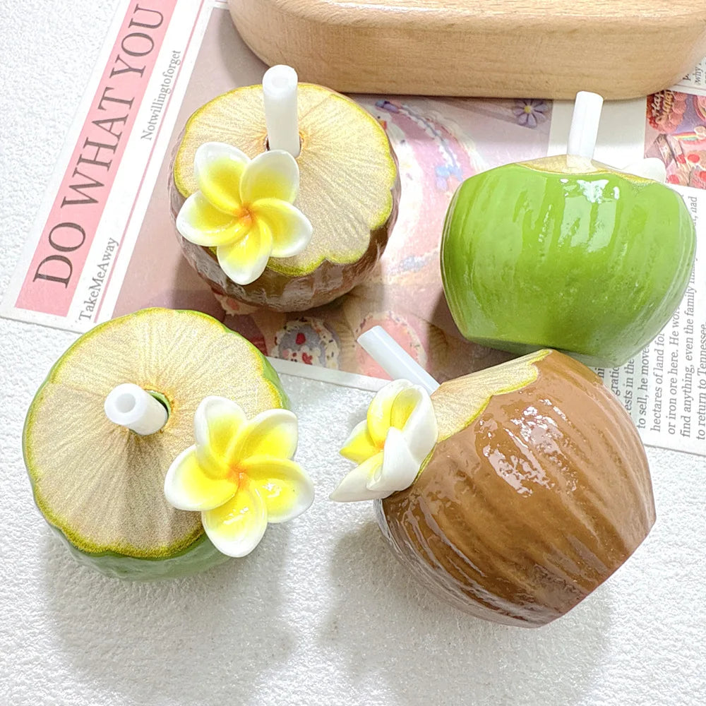 5Pcs Simulated Miniature 3D Food Play Coconut Juice Resin Ornaments Green Brown For Phone DIY Hairpin Jewelry Making Accessories Quake