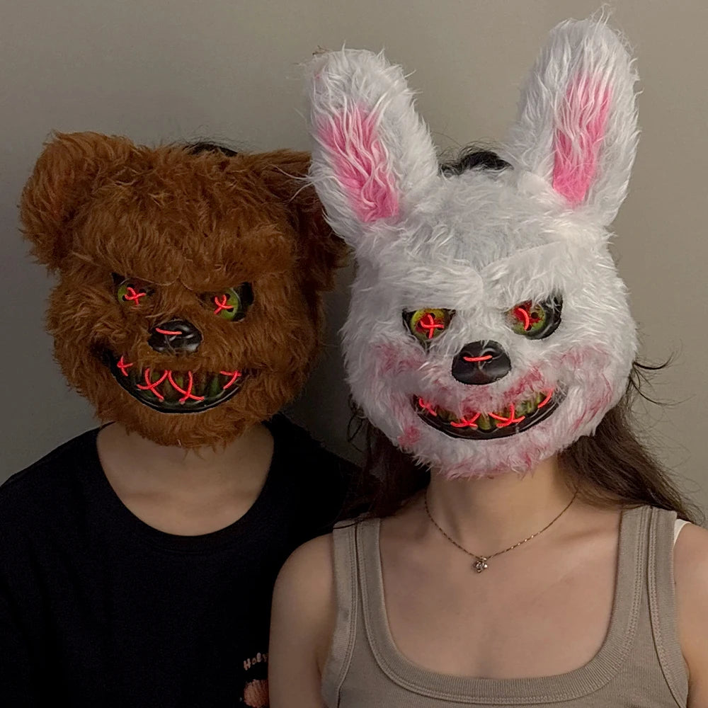 Halloween Plush Luminous Mask Terror Rabbit Bear LED Luminous Mask Plush Rabbit Halloween Party Cosplay Mask Party Photo Prop Quake