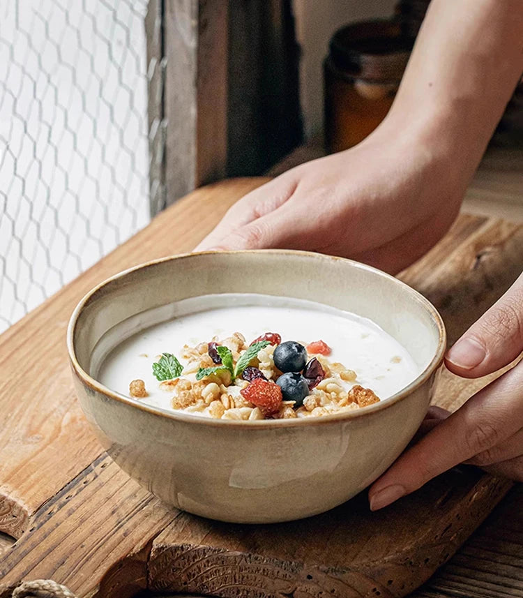 YWDL 500ml Vintage Ceramic Salad Bowl Heat-resistant Rice Soup Bowl Irregular Edges Kitchen Noodle Bowl Microwave Safe 5.5inch Quake