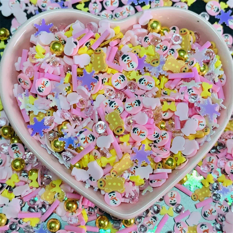 100g/Lot Pink Christmas Themed Snowman Clay Gingerbread Man Slices Mixture Rhinestone Candy Sprinkles for Decoration DIY Crafts Quake 23
