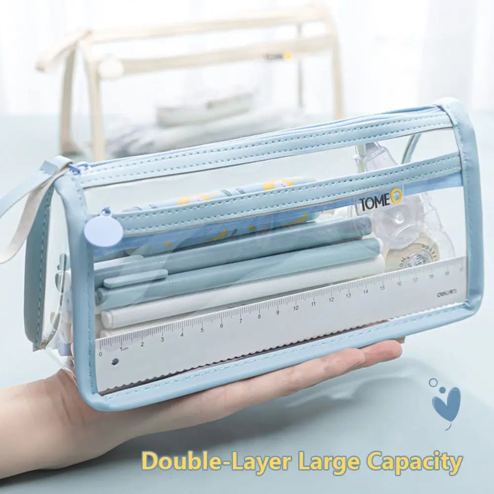 Double-Layer Large Capacity Pen Bag Student Transparent Waterproof Stationery Bag Portable Pencil Case Stationery Organizer Quake