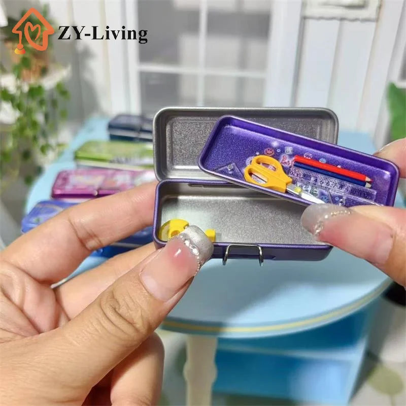 Dollhouse Miniature Double Layer Iron Pencil Box Pen Ruler Measuring Tape Scissors Model Micro Landscape Decor Pretend Play Toy Quake