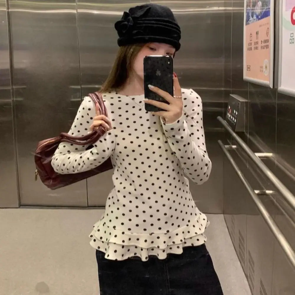 2025 Ruffle Trim Long Sleeve T-Shirt Polka Dot Sweet Layered Blouse Thin Vero Moda Quake