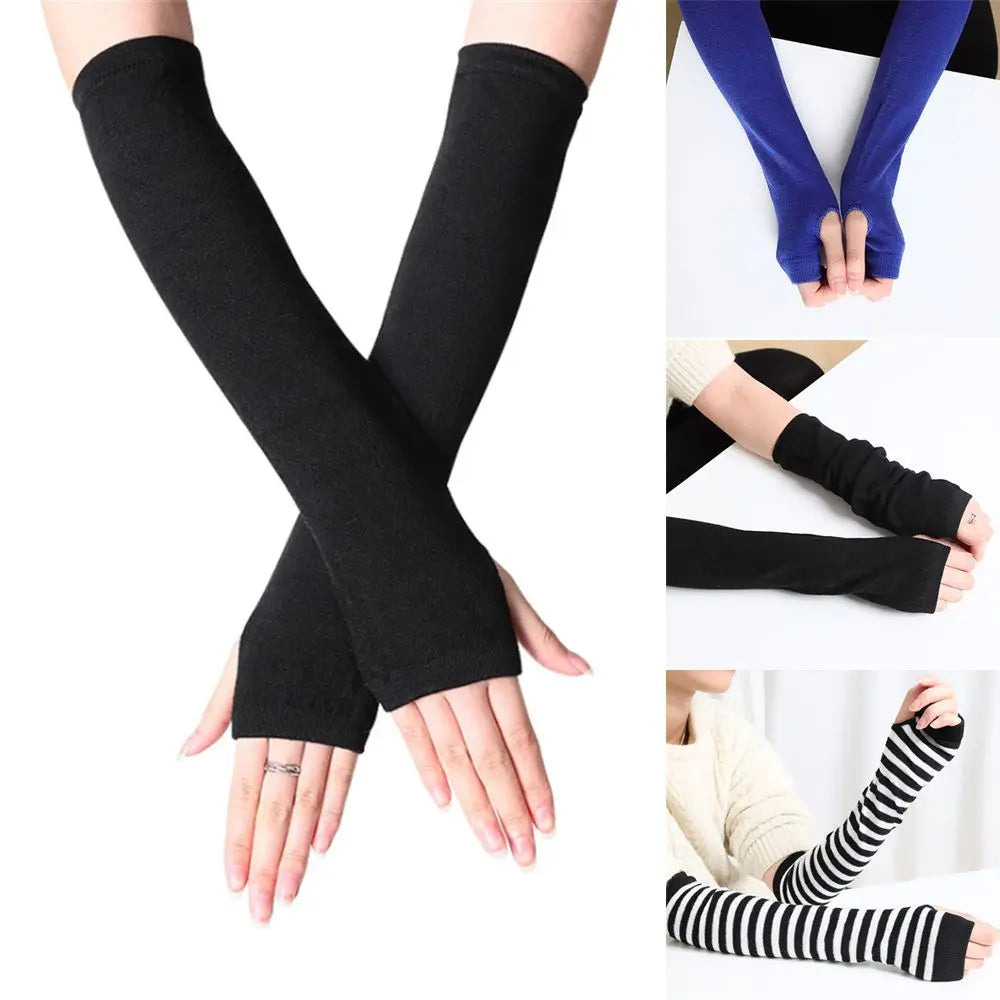 Striped Cotton Long Sleeve Fingerless Long Gloves Handschoenen Wristband Arm Warmer Elbow Mittens Quake