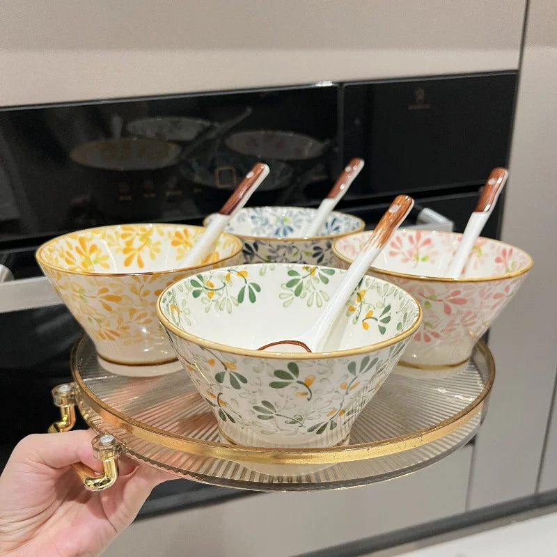 Ceramic Hat-shaped Bowl Spoon Set，Four Seasons Floral Pattern，Oven Microwave Safe, Noodles Salad Soup Dessert Hot Pot Picnic BBQ Quake