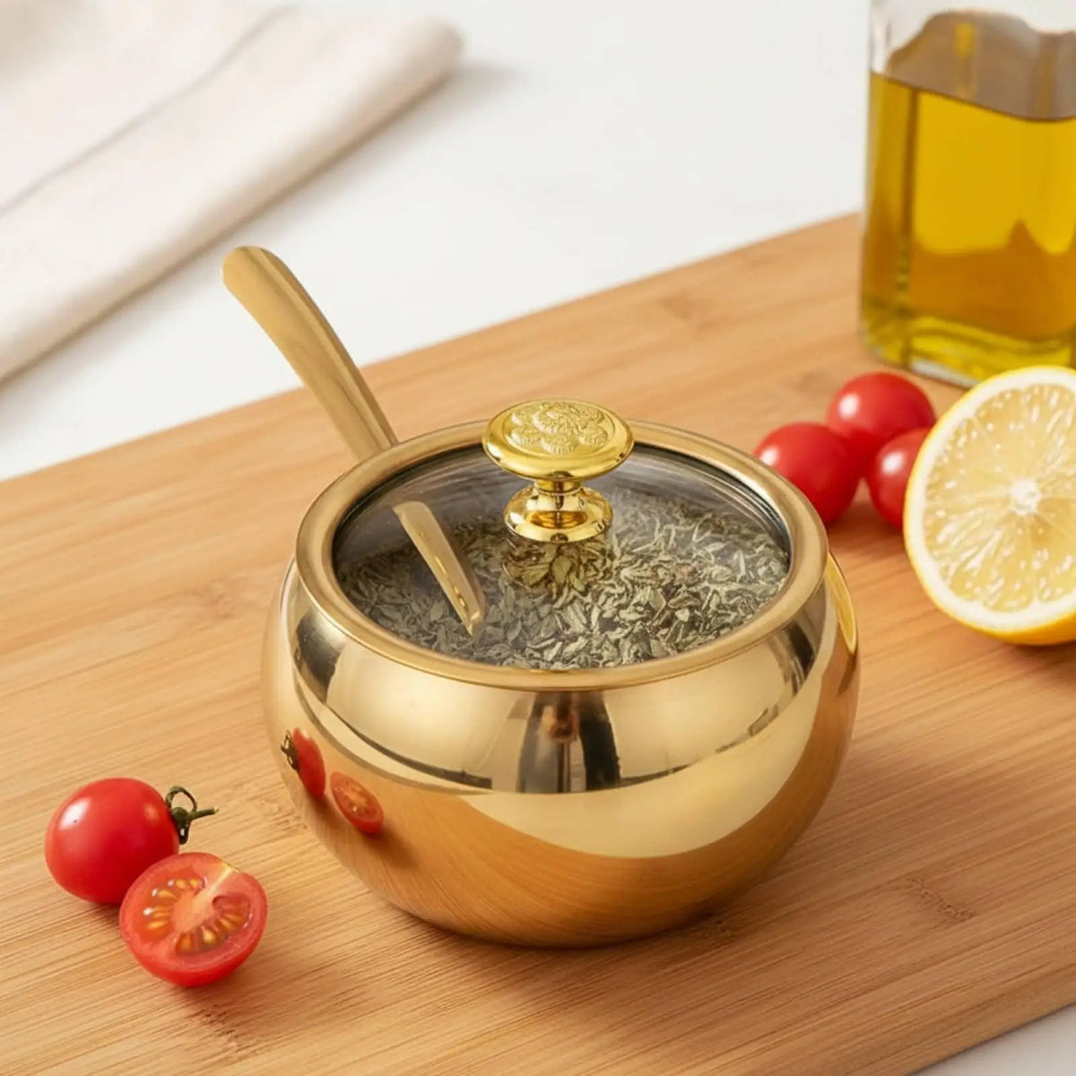 Stainless Steel Jar with Glass Lid Spice Container Set for Kitchen Seasoning Storage Airtight Condiment Jars with Spoon and Tray Quake 304Ss1PC