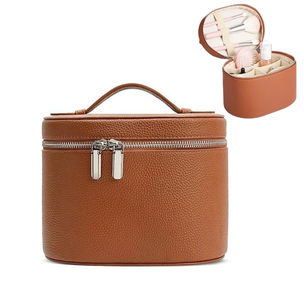 Large Capacity Cosmetic Box PU Leather Waterproof Makeup Bag Zipper Closure Internal Storage Box Toiletry Pouch Gift Idea Quake Brown