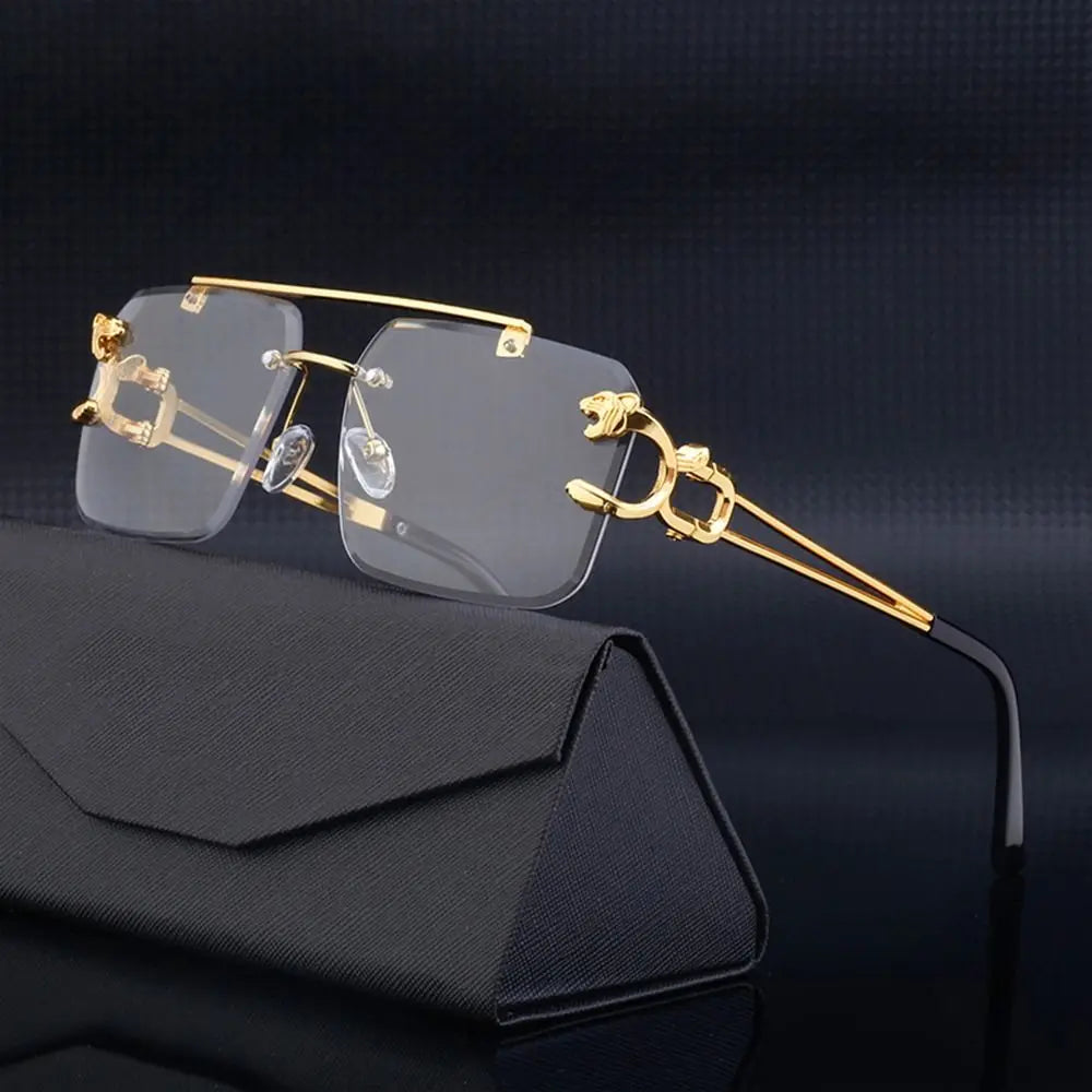 Fashion Retro Cheetah Decoration Sunglasses for Women Men Metal Steampunk Sun Glasses Summer UV400 Shades Trendy Rimless Eyewear Quake
