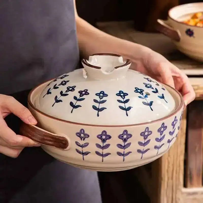 Japanese Ceramic Casserole Stew Pot Household Cooking Gas Retro Flower Pattern Soup Pots High Temperature Resistant Cooking Pot Quake