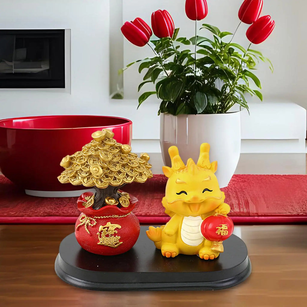 Chinese Dragon Statue with Money Tree Statue Lucky Wealth Figurine Resin Desktop Chinese Fortune Sculpture for Bookcase Hotel Quake Style D