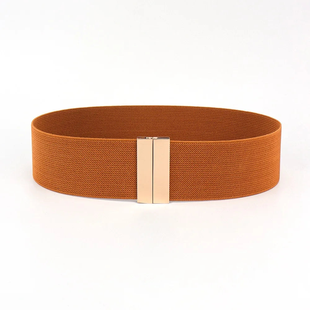 New Wide Elastic Belt Solid Color Metal Buckle Stretch Cinch Waistband Waistband Corset Belt Down Coat Quake camel gold
