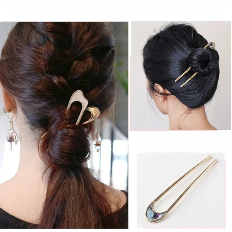 Simple Elegant Gold Sliver Enamel Hairpin Hair Stick Women Girls Korean Metal U-shaped Hair Styling Accessories Jewelry Headwear Quake