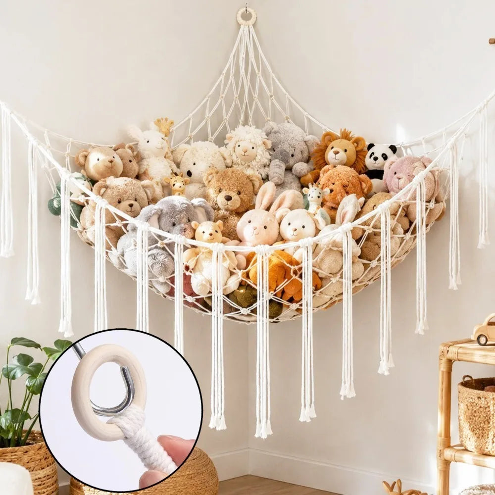 Toy Storage Mesh Hammock with Screws and Hooks Wall Corner Hanging Storage Net Large Size Triangular Woven Cotton Rope Mesh Bag Quake