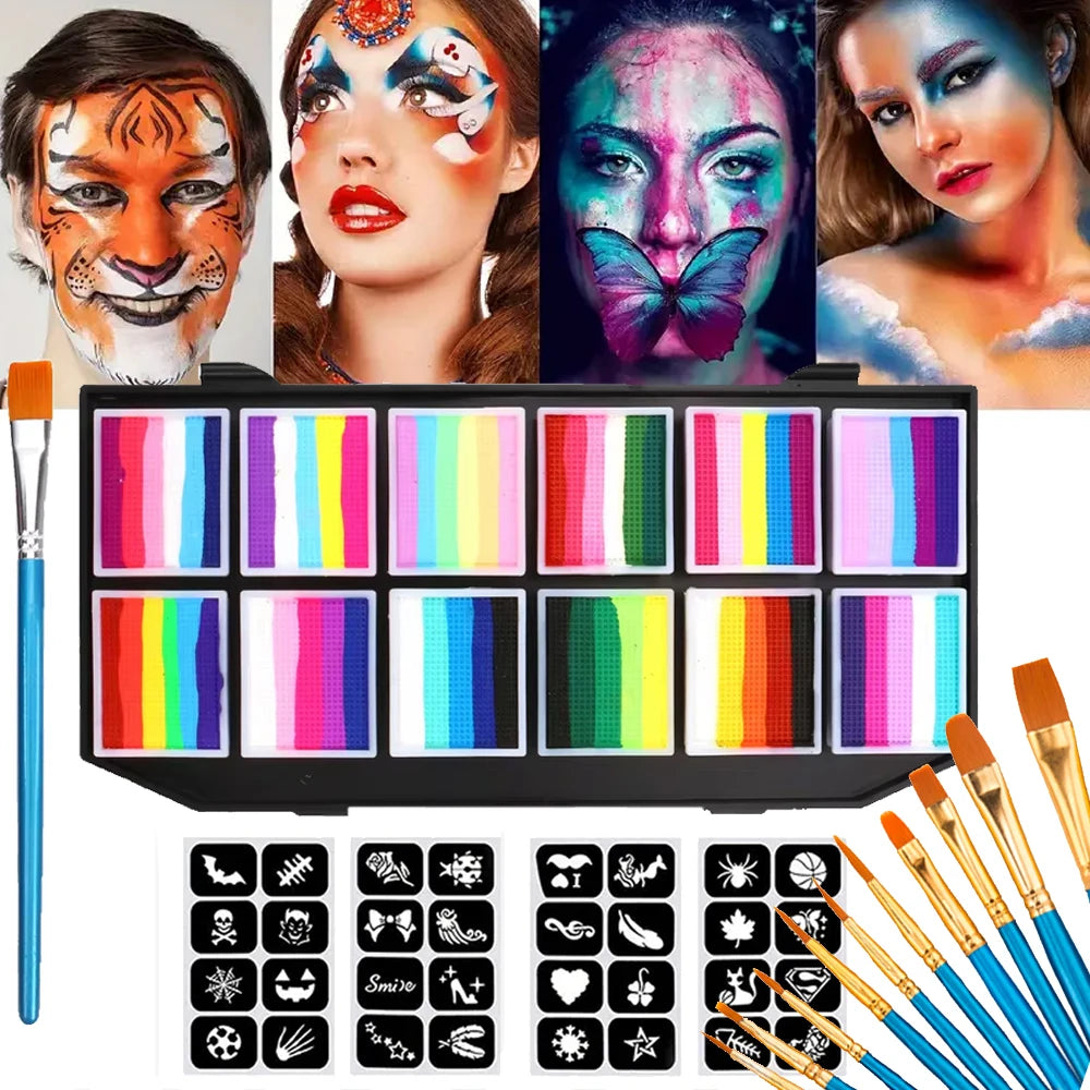 12 Colours Water-Soluble Rainbow Palette Children's Face Body Paint, Halloween Stage Makeup Body Paint Pigments Face Makeup Quake B