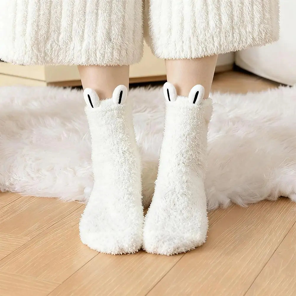 Women's Cartoon Cute Soft Three-dimensional Cute Rabbit Ears Coral Velvet Mid-tube Winter Thicken Lolita Home Warm Sleeping Sock Quake