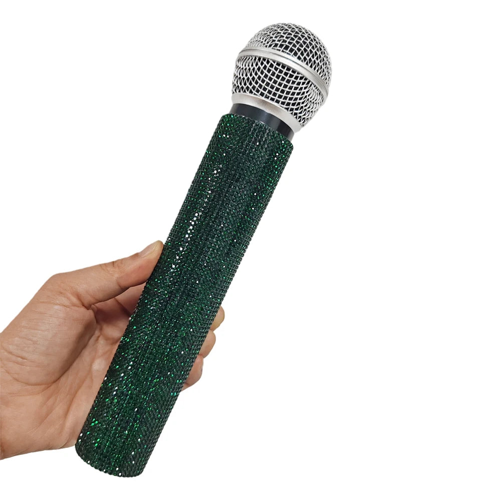 Rhinestone Simulation Microphone Props Colorful Plastic Fake Mic Decoration Ornaments For Home Bar Party Photography Cosplay Quake dark green