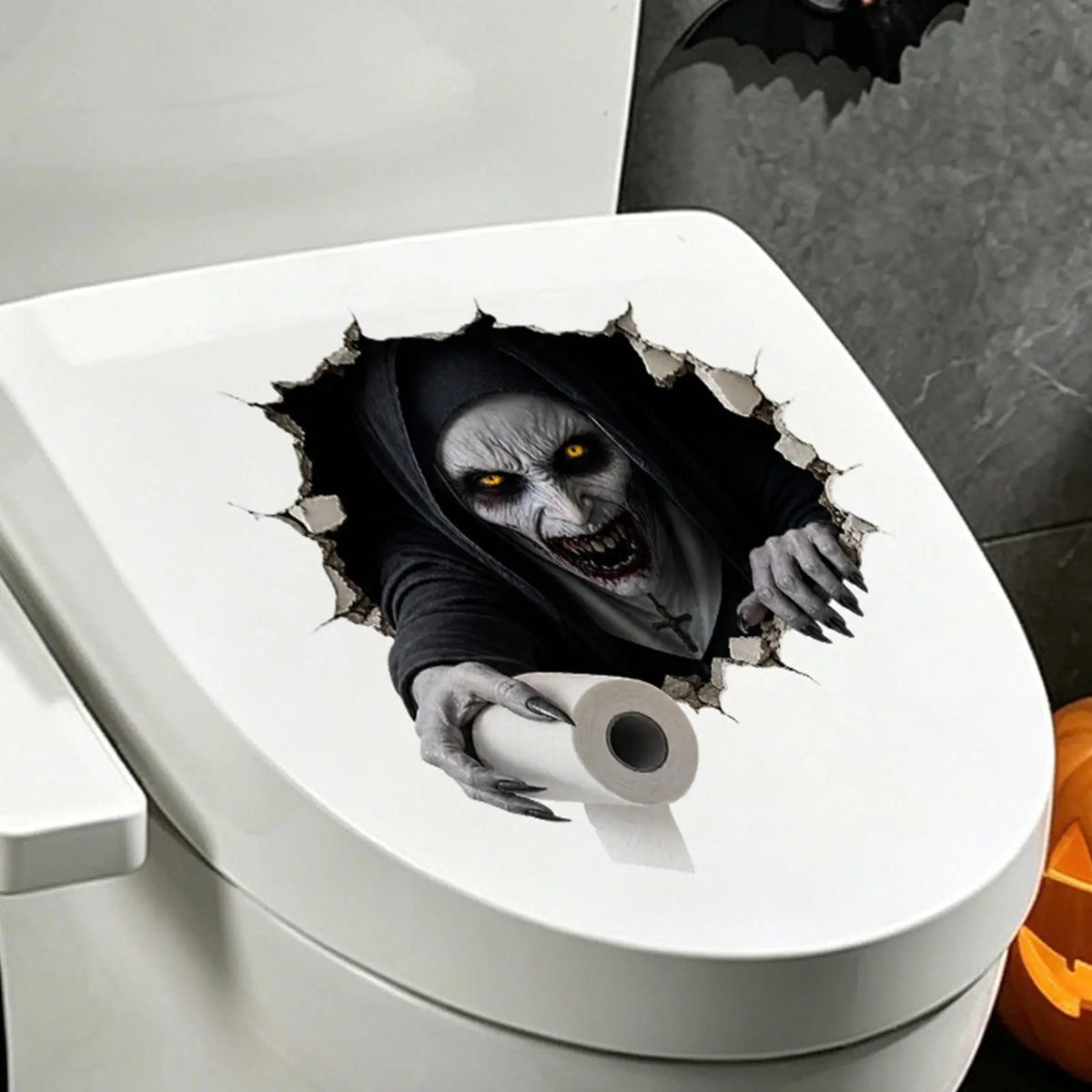 2DHalloween Toilet Decal Holiday Horror Bathroom Decal Break Through Wall Toilet Tank Sticker for Indoor Home Apartment Bathroom Quake