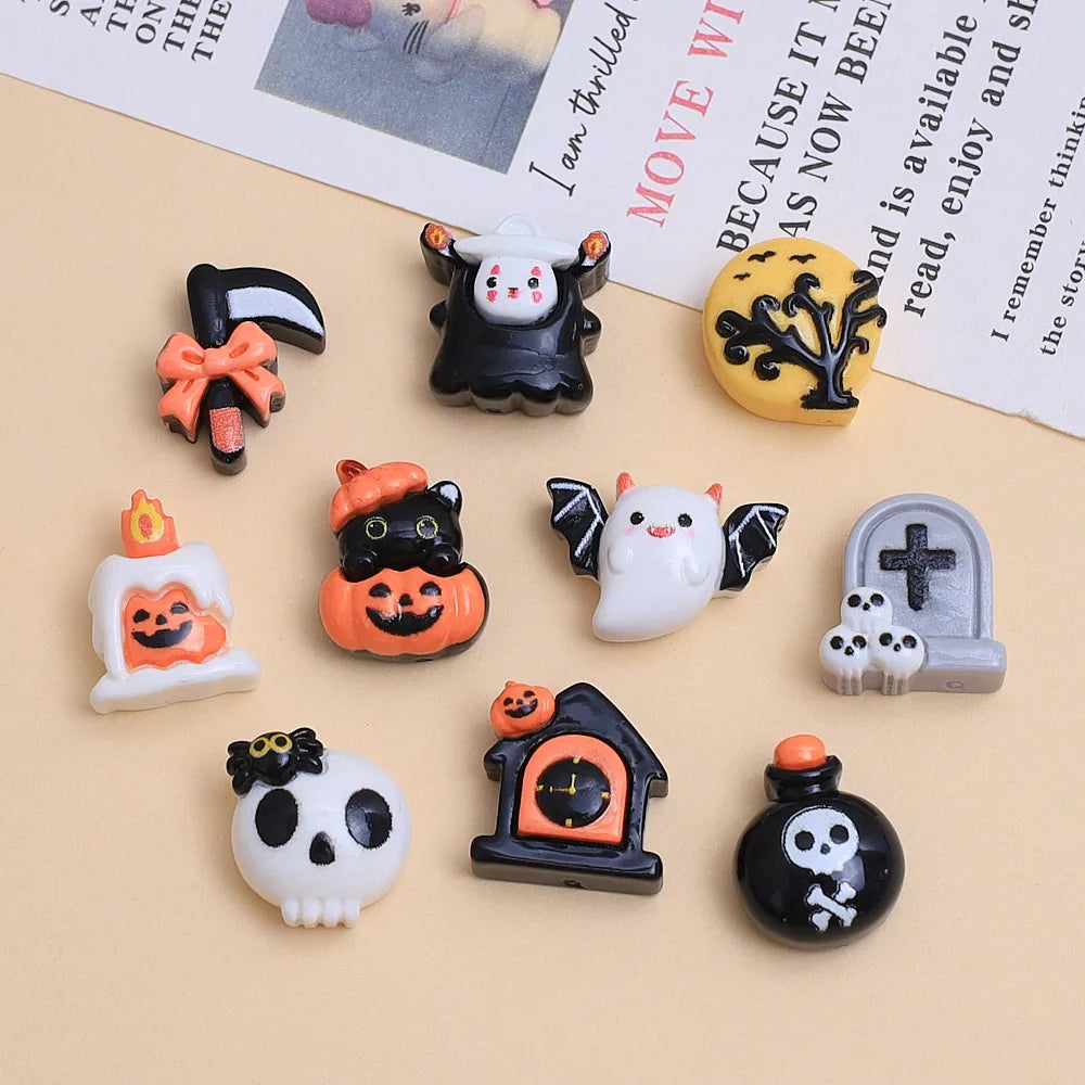 100Pcs Mini Halloween Ghost Pumpkin Bat Flatback Resin Cabochons Scrapbooking For Nail Craft Decoration DIY Hair Bows Accessorie Quake