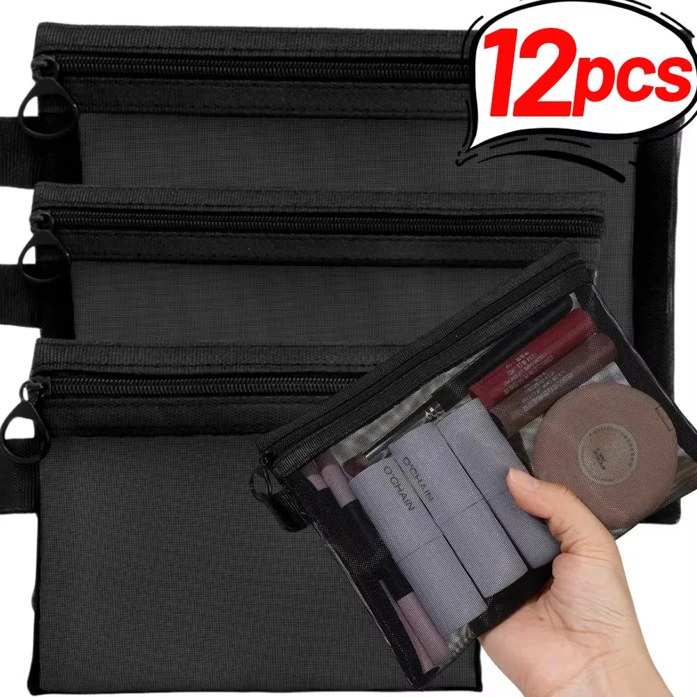 12/1PCS Black Mesh Cosmetic Bag Large Capacity Transparent Makeup Bag Portable Travel Toiletry Organizer Lipstick Storage Pouch Quake