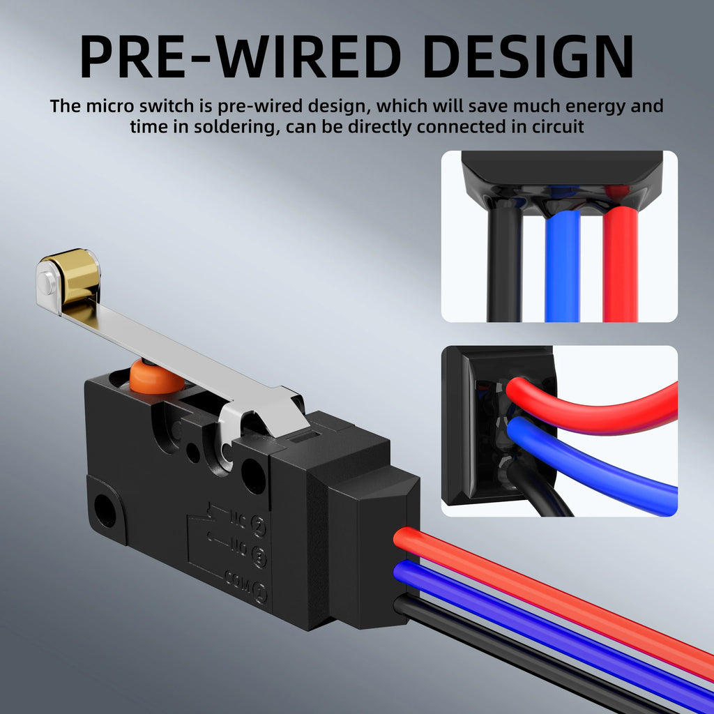 2PCS Waterproof Micro Limit Switch with Long Straight Roller Lever SPDT 3 PIN Pre-wired 10A 125 250V Micorswitch for Electronic Quake