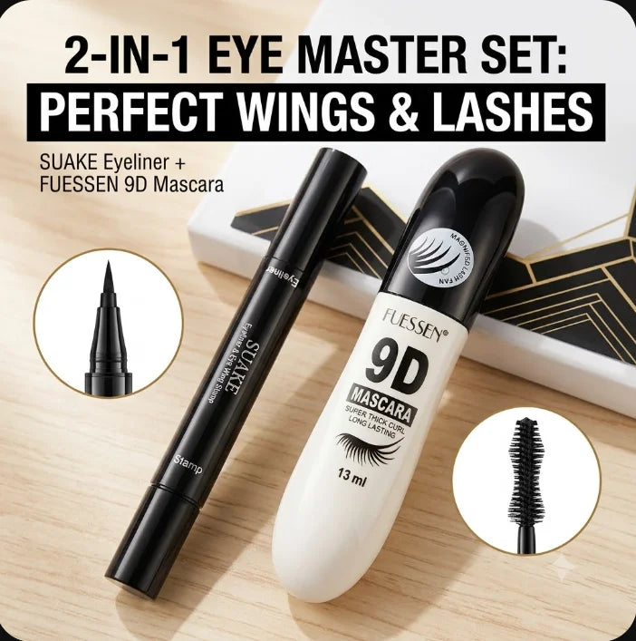 Waterproof Long-Lasting Dual-Ended Eyeliner And 9D Volume Mascara Set for Women Girls Party Festival Stage Eye Makeup Kit Quake